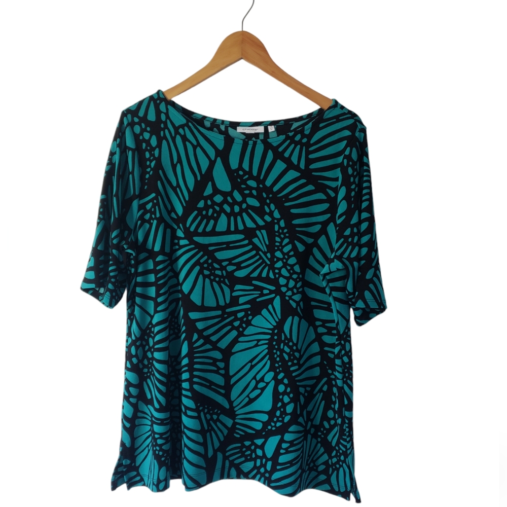 Chico's Black and Teal Butterfly Print Blouse